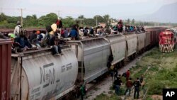 Des migrants de l'Amérique centrale sur un train pour atteindre la frontière des 2tats-Unis et du Mexique au Mexique,le 12 juillet 2014. 