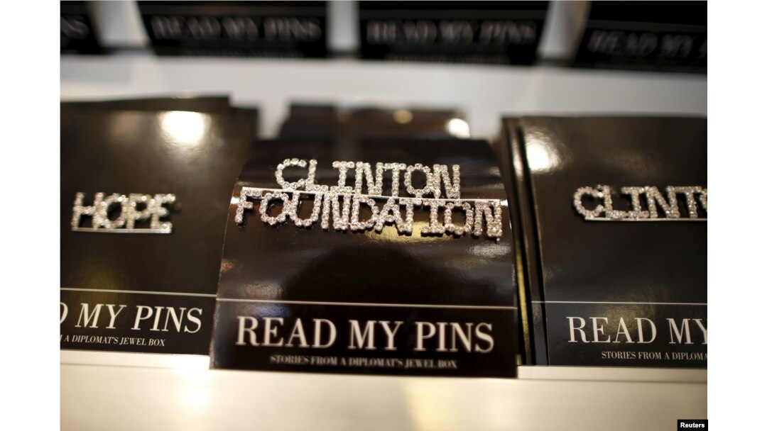 FILE - A Clinton Foundation brooch is seen for sale at the Clinton Museum Store in Little Rock, Arkansas, United States April 27, 2015.