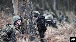 British soldiers from 1 Rifles, return 'fire' as they are 'ambushed' during a training session prior to deployment, at British forces' Stanford Training Area in Norfolk, England, 14 Jan 2011