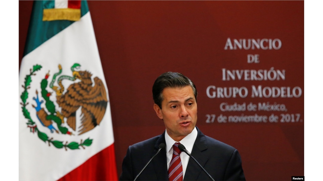 FILE - Mexican President Enrique Pena Nieto gives a speech at Los Pinos presidential residence in Mexico City, Mexico Nov. 27, 2017.
