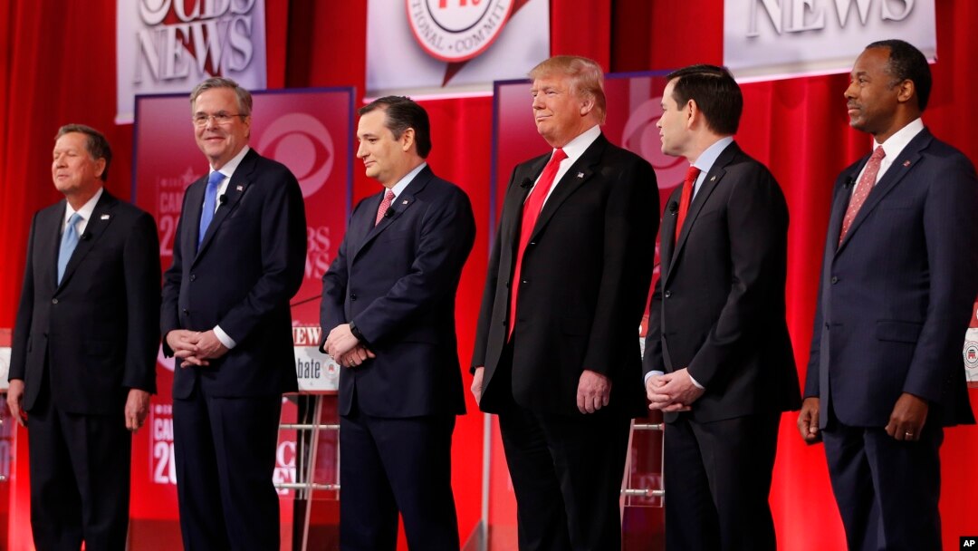 Republican presidential candidates take the stage before the CBS News Republican presidential debate at the Peace Center, Feb. 13, 2016, in Greenville, S.C.