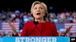 Democratic presidential candidate Hillary Clinton speaks during a campaign rally in Raleigh, N.C., Nov. 8, 2016. 