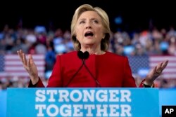 FILE - Democratic presidential candidate Hillary Clinton speaks during a campaign rally in Raleigh, N.C., Nov. 8, 2016.