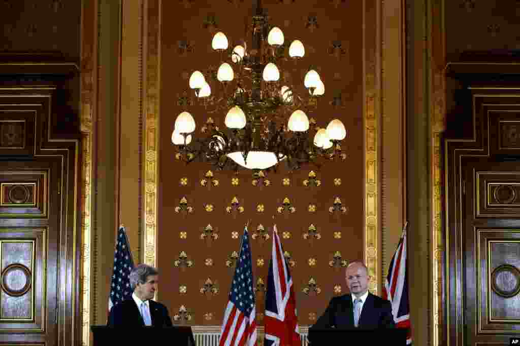 U.S. Secretary of State John Kerry at a news conference with British Foreign Secretary William Hague in London, Feb. 25, 2013.