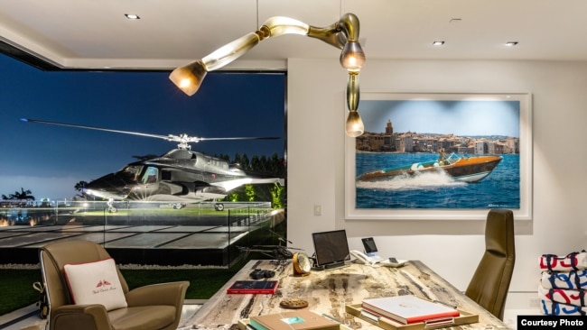 The helicopter is shown outside a window of America’s most expensive home, which is for sale in the Bel Air neighborhood of Los Angeles, California, for $250 million. (Bruce Makowsky / BAM Luxury Development)