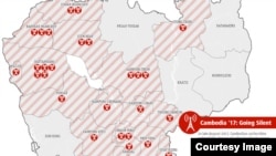 A graphic of Cambodian map showing the 20 provinces consists of 32 FM frequencies affected by the closure of relay stations which broadcast VOA, RFA, and VOD. (Courtesy to LICADHO)