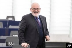 Frans Timmermans, first vice president of the European Commission arrives at the European Parliament in Strasbourg, France, Jan.17, 2018.