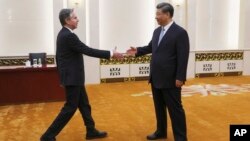 토니 블링컨(왼쪽) 미 국무장관과 시진핑 중국 국가주석이 19일 베이징 인민대회당에서 악수를 나누고 있다. 
