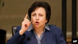 Shirin Ebadi participates in the World Summit of Nobel Peace Laureates, April 25, 2012, in Chicago. On Wednesday, Ebadi urged Iranians to press on with their nationwide protests.