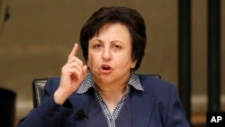 FILE - Shirin Ebadi participates in the World Summit of Nobel Peace Laureates, April 25, 2012, in Chicago.