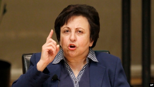 FILE - Shirin Ebadi participates in the World Summit of Nobel Peace Laureates, April 25, 2012, in Chicago.