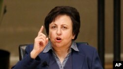 FILE - Shirin Ebadi participates in the World Summit of Nobel Peace Laureates, April 25, 2012, in Chicago. On March 15, 2023, Ebadi urged continued pressure on authorities in Tehran over human rights violations. 