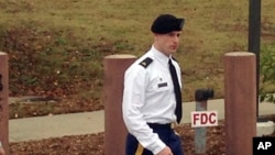 Army Sgt. Bowe Bergdahl leaves a courtroom after a pretrial hearing in Fort Bragg, NC., Monday, Nov. 14, 2016. Bergdahl faces a military trial in 2017 on charges of desertion and misbehavior before the enemy after walking off his post in Afghanistan in 20