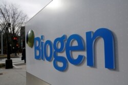 FILE - A sign marks a Biogen facility in Cambridge, Massachusetts, Jan., 26, 2017.