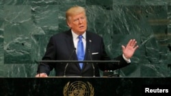 FILE - U.S. President Donald Trump addresses the 72nd United Nations General Assembly at U.N. headquarters in New York, Sept. 19, 2017.