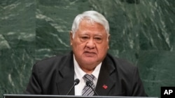 FILE - Then Samoa's Prime Minister Tuilaepa Sailele Malielegaoi addresses the 74th session of the United Nations General Assembly at the U.N. headquarters in New York. 