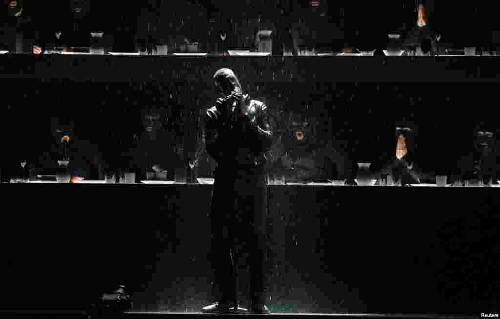 Stormzy performs at the Brit Awards at the O2 Arena in London, Fe. 21, 2018.