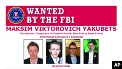 This poster provided by the U.S. Department of Justice shows Maxsim Yukabets. Yakubets, 33, is best known as co-leader of a cybergang that calls itself Evil Corp. (U.S. Department of Justice via AP)