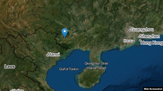 Bản đồ thị trấn Sùng Tả, thuộc tỉnh Quảng Tây, Trung Quốc (màu xanh dương) và khu vực biên giới Trung - Việt. Photo mapnall.