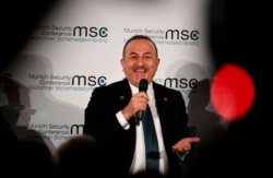 Turkish Foreign Minister Mevlut Cavusoglu speaks during the 56th Munich Security Conference in Munich, Feb. 15, 2020.