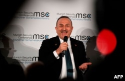 Turkish Foreign Minister Mevlut Cavusoglu speaks during the 56th Munich Security Conference in Munich, Feb. 15, 2020.