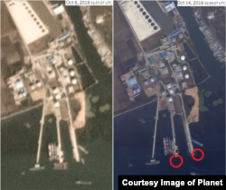 북한의 유류탱크가 있는 남포항에 지난 8일 정박해 있던 여러 척의 선박 중 14일에 네 척이 사라진 모습이 확인됐다. 사진제공=플래닛 랩스(Planet Labs Inc).