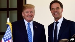 President Donald Trump, left, welcomes Dutch Prime Minister Mark Rutte, right, to the West Wing of the White House in Washington, July 2, 2018. 