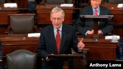 In this image from Senate Television, Majority Leader Mitch McConnell of Ky., speaks about Supreme Court nominee Judge Brett Kavanaugh on the floor of the Senate, Sept. 24, 2018, on Capitol Hill in Washington.