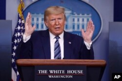 President Donald Trump speaks during a coronavirus task force briefing at the White House, April 5, 2020, in Washington.