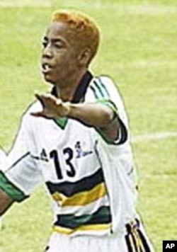 Eudy Simelane, seen here in action for South Africa’s national women’s football team, was raped and murdered near the South African township of Vosloorus. She was one of the first women to live openly as a lesbian in the area