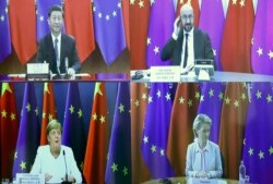FILE - European Council President Charles Michel, top right, speaks with China's President Xi Jinping, top left, European Commission President Ursula von der Leyen and German Chancellor Angela Merkel during a virtual summit, Sept. 14, 2020.