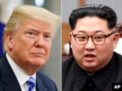 FILE- In this combination of file photos, U.S. President Donald Trump, left, in the Oval Office of the White House in Washington, and North Korean leader Kim Jong Un in a meeting in Panmunjom, South Korea.