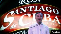 Luca Cesarano, director of the joint venture between British beverage giant Diageo and the state-run Cuba Ron, speaks during an event to market Santiago de Cuba rum, in Havana, Aug. 12, 2019.