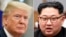 FILE- In this combination of file photos, U.S. President Donald Trump, left, in the Oval Office of the White House in Washington, May 16, 2018, and North Korean leader Kim Jong Un in a meeting in Panmunjom, South Korea, April 27, 2018.