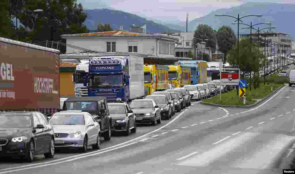 A traffic jam is seen on a road heading to Freilassing, Germany from Salzburg, Austria.