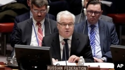 FILE - Russia's Ambassador to the U.N. Vitaly Churkin addresses a Security Council meeting at the United Nations, Feb. 2, 2017. 