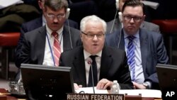 FILE - Russia's Ambassador to the U.N. Vitaly Churkin addresses a Security Council meeting at the United Nations, Feb. 2, 2017. 
