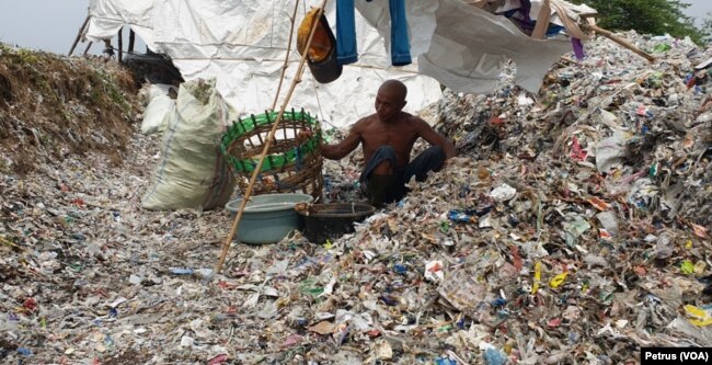 Seorang pemulung memilah sampah plastik di Desa Bangun, Kabupaten Mojokerto. (Petrus Riski/VOA).