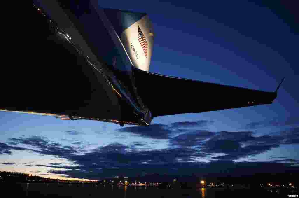 The tail section of Air Force One is pictured on the tarmac at Elmendorf Air Force Base outside Anchorage, Alaska, as President Barack Obama stayed onboard during a refuel stop on his return to the United States from Asia, April 29, 2014.&nbsp;