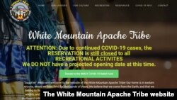 A screenshot of the The White Mountain Apache Tribe's website, June 27, 2020. The hard-hit tribe in Arizona is putting tougher restrictions in place to prevent further spread of the coronavirus in a state where infections are surging. 