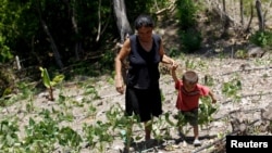 FILE - A woman and her son walk in their drought-affected plot in the southern village of San Francisco de Coray, in the department of Valle, Honduras, Aug. 13, 2015.