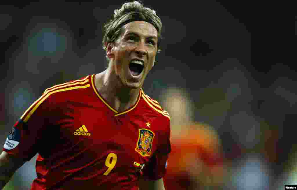Spain's Fernando Torres celebrates after scoring a goal against Italy during their Euro 2012 final soccer match at the Olympic Stadium in Kiev, July 1, 2012.