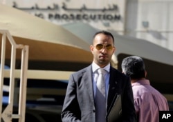 Lawyeral-Jishi, who is representing four U.S. journalists, speaks to journalists as he leaves the Public Prosecution offices in Manama, Bahrain, Feb. 16, 2016.