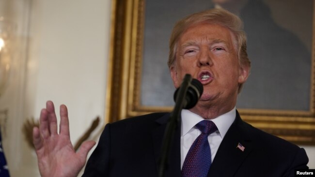 Tổng thống Mỹ Donald Trump loan báo cuộc không kích của liên quân Mỹ-Anh-Pháp nhắm vào vũ khí hóa học của Syria tại Nhà Trắng ở Washington, Mỹ, ngày 13 tháng 4, 2018.