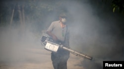 FILE - A worker sprays insecticide for mosquitos at a village in Bangkok, Thailand, Jan. 13, 2016. 