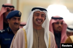 FILE - United Arab Emirates Minister of Foreign Affairs Sheikh Abdullah bin Zayed al-Nahyan arrives in Riyadh, Jan. 21, 2015.