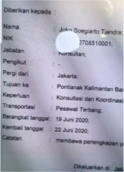 Surat jalan yang diterbitkan pejabat Polri di Bareskrim Polri untuk Djoko Tjandra. (Foto: dokumentasi Boyamin Saiman)