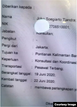 Surat jalan yang diterbitkan pejabat Polri di Bareskrim Polri untuk Djoko Tjandra. (Foto: dokumentasi Boyamin Saiman)