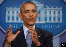 President Barack Obama speaks during his final presidential news conference in the briefing room of the White House in Washington, Jan. 18 2017.