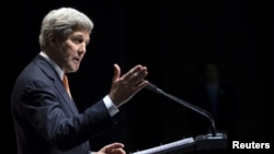 United States Secretary of State John Kerry delivers a statement about the recently concluded round of negotiations with Iran over their nuclear program at the International Olympic Museum in Lausanne, Switzerland, March 21, 2015. 